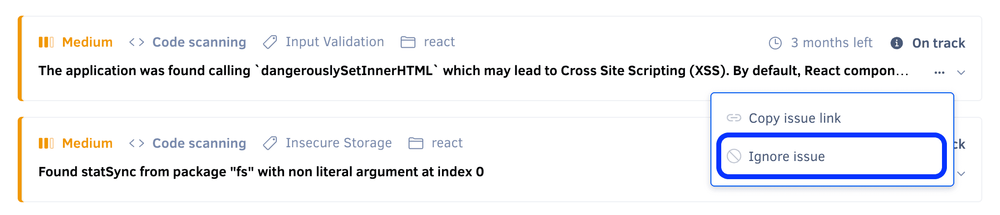Security and risk management finding ignore