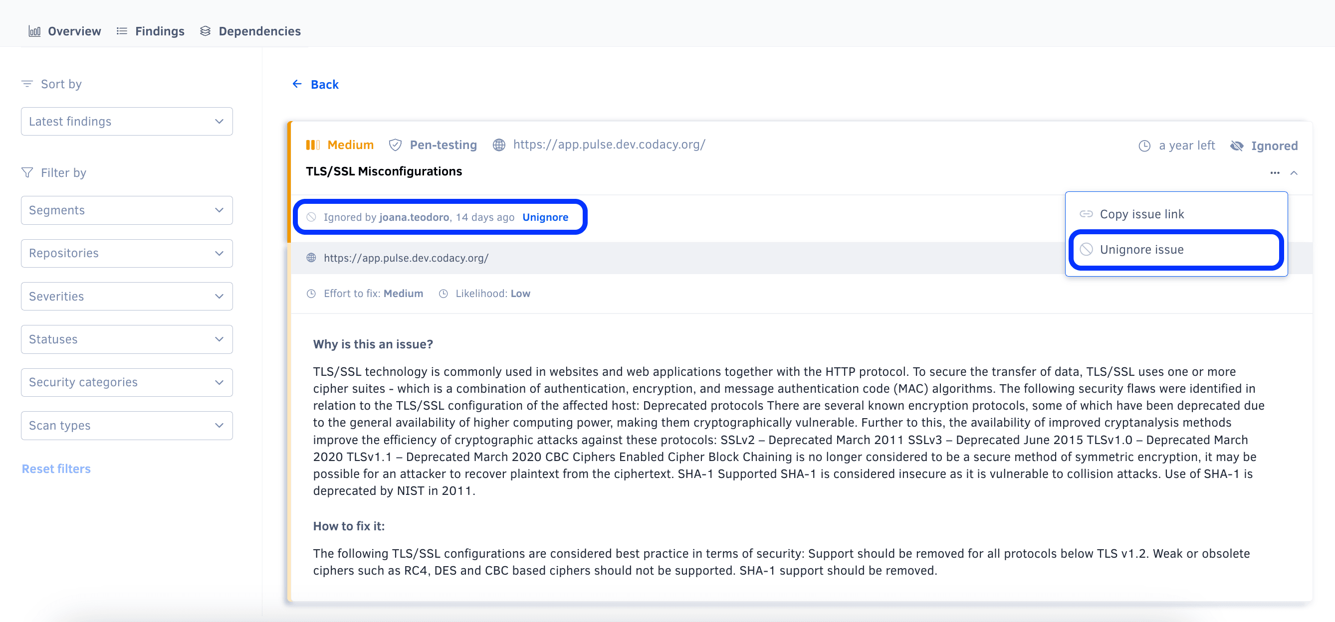 Security and risk management finding unignore