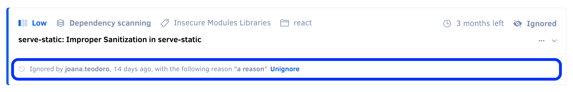 Security and risk management finding unignore list